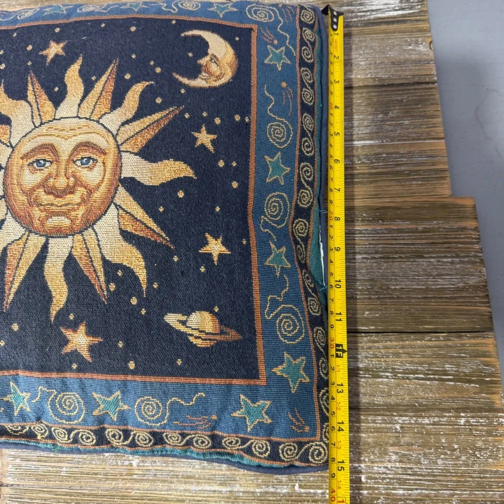 Vintage Celestial Sun Moon Stars Tapestry Pillow Whimsical Navy Blue 90s Boho